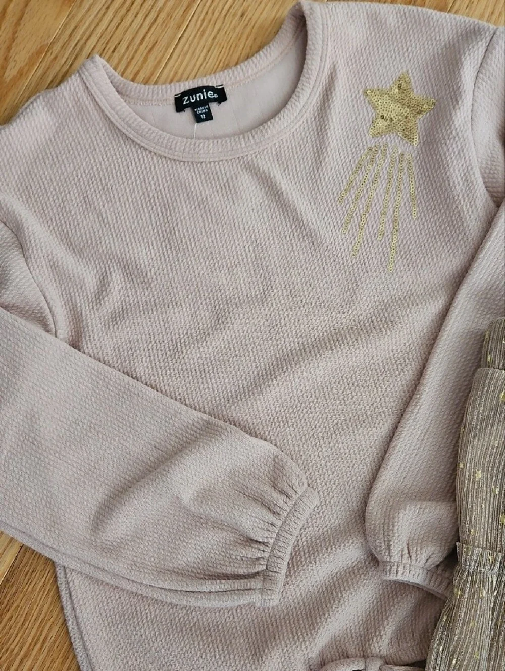 Zunie Pink Knit Top with Gold Star & Taupe Tiered Skirt Set